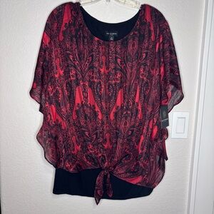 I.N. Studio Red and Black Dolman Sleeve Tie Front Blouse